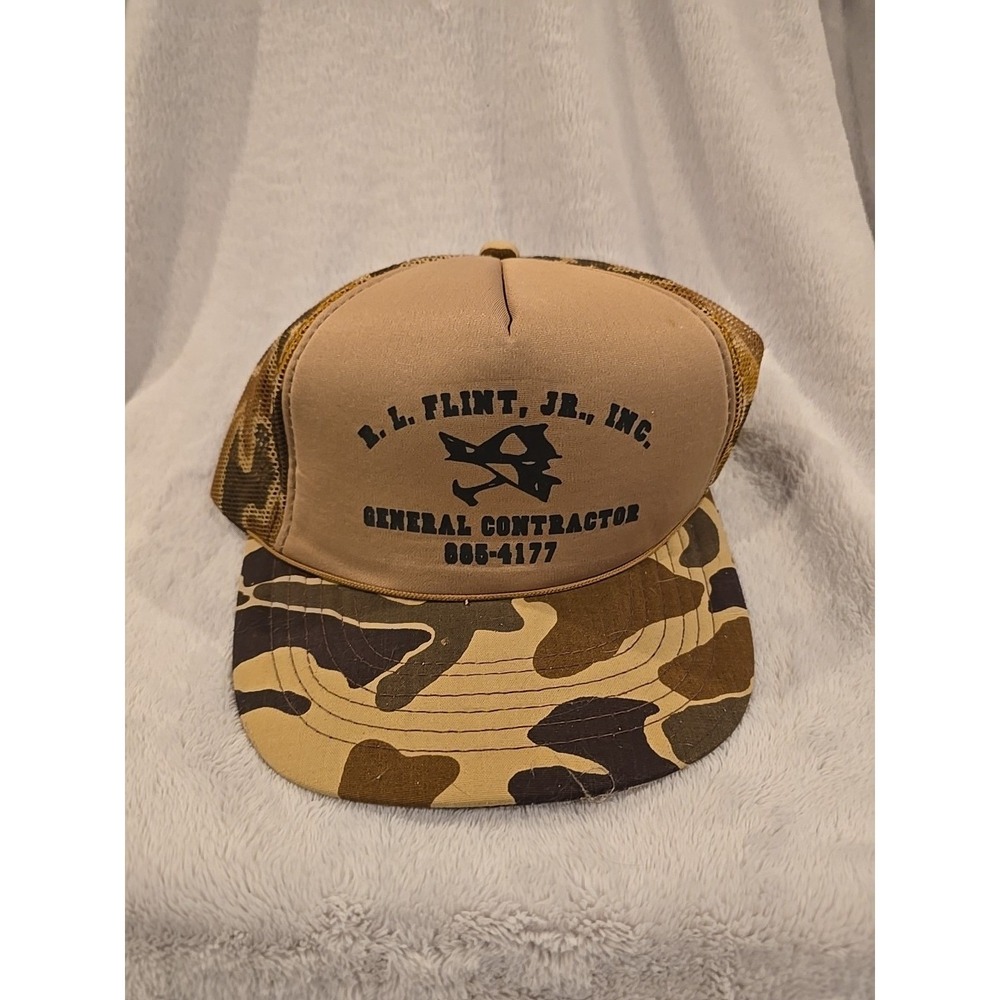 Vintage R. L. Flint‎ Jr General Contractor Camo Mesh Snapback Trucker Hat Tan